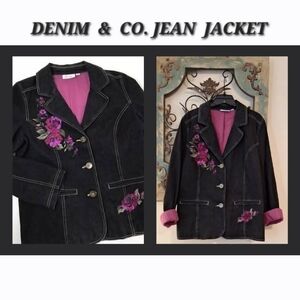 Black Denim Blazer W/Purple  Floral Embroidery. NWOT Size Medium